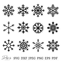 six snowflakes are shown in black and white, with the words svg dxf