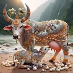 a cow and her baby are standing on the beach with pearls all over it's body