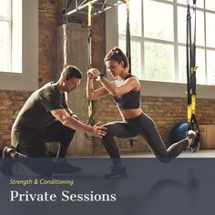 a man and woman doing crossfit exercises with the words private session in front of them