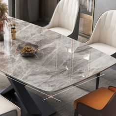 a marble dining table with white chairs around it and a bowl of food on top