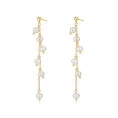 Set the tone for your look with these Melanie Pearl Drop Earrings! Suspended from a delicate chain, these statement-making faux pearls bring a hint of fun to any ensemble. Accessorize in style and add a playful touch to your look! 2.5" Drop 5mm Pearls 18k Gold Plated over Stainless Steel Hypoallergenic Water & Tarnish Resistant Cheap Pearl Jewelry With Dangling Beads, Cheap Gold Earrings With Pearl Chain, Luxury Pearl Chain Gold-plated Earrings, Cheap White Pearl Chain Earrings, Affordable Pearl Chain Drop Earrings, Cheap Elegant Pearl Chain Earrings, Luxury Pearl Chain Linear Earrings For Women, Affordable Pearl Chain Earrings For Women, Affordable White Pearl Chain Earrings