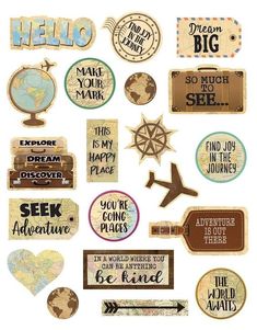 a bunch of different types of stickers on a white background with words and pictures