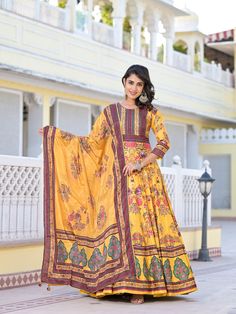 Yellow Dola silk Anarkali Dress with Digital Printed, Hand Work Processing Time : 7 Business Days Work : Digital Printed, Hand Work Fabric:Top : Dola silk Bottom : NA Dupatta : Chinon Color:Top : Yellow Bottom : NA  Dupatta : Yellow Anarkali Gown With Dupatta, Salwar Kameez Mens, Wedding Ootd, Patiyala Dress, Exclusive Gowns, Silk Anarkali, Gown With Dupatta, Lehenga Suit, Reception Gown