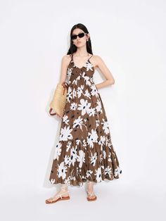 MO&Co. Women's Tropical Floral Print Vacation Maxi Dress in Brown features a V-neck Vacation Maxi Dress, Tropical Floral Print, Flowing Skirt, Floral Print Maxi Dress, Floral Print Maxi, Holiday Dress, Tropical Floral, Mesh Bag, Day And Night