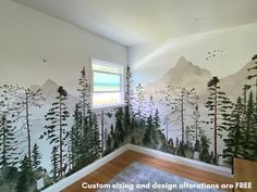 a room with trees painted on the wall