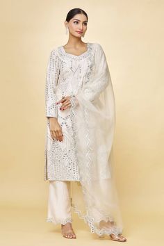 Ivory chanderi kurta with mirror and thread hand embroidery. Comes with trouser and a dupatta. - Aza Fashions V Neck Kurta, Fashion App, Set For Women, Aza Fashion, Hand Embroidered, Hand Embroidery, Thread, Trousers, V Neck