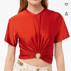 Very Cute And Sexy Embellished Jersey Crop Top. Designer V-neck Summer Tops, Red Embellished Fitted Tops, Designer V-neck Party Top, Designer Party Tops, Designer Evening Tops For Summer, Red Short Sleeve Tops For Evening, Designer Red Tops For Summer, Glamorous Red Summer Top, Embellished Red Tops For Spring