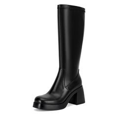 PRICES MAY VARY. Black knee high boots heel height: 8.2cm/3.25", platform height: 2.54cm/1", shaft height: 36cm/14.17", elastic opening: 37cm/14.57in Premium veagn leather upper and soft microfiber fabric lining, the cushioned padded insole can rest assured. Round-toe chunky block heel boots feature side zipper closure with stretch gore closure, easy to put on and take off. Designer style, suitable for you to wear on a variety of occasions such as daily casual, formal business ,holiday and so on Black Knee-high Boots With Chunky Platform And Wide Calf, Black Knee-high Chunky Platform Heeled Boots, Knee-high Leather Platform Boots Medium Width, Black Leather Knee-high Boots With Chunky Platform, Black Knee-high Platform Boots Medium Width, Black Leather Knee High Boots, Black Knee High Boots, High Heel Boots Knee, Formal Business