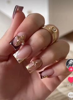 Gold Brown Nails, Silver And Gold Nails, Burgundy And Gold Nails, Brown And Gold Nails, Black Acrylic Nail Designs, Nail Appointment, Acrylic Toe Nails, Black Acrylic Nails, Fantasy Nails