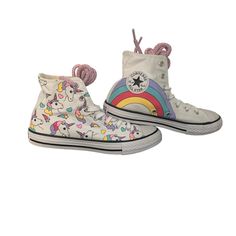 New In Box Unicorn Rainbow Converse High Top Chucks Size 3 Junior 2.5 Uk 35 Eur 21.5 Cm Color: White/ Black/ Strabwber Comes With Two Style Laces Multicolor Converse Sneakers For School, Cute Multicolor Sneakers For School, Playful White Converse Sneakers, Playful Multicolor Converse Sneakers, Glitter Tennis Shoes, Rainbow Converse, Hi Top Converse, Black High Top Shoes, Tie Dye Shoes