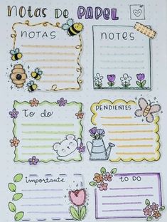 an open notebook with stickers and writing on the pages that says notes de papel