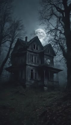 an old abandoned house in the woods at night with full moon behind it and trees