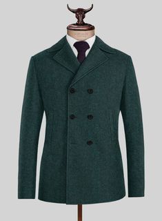 Draw a stroke of genius by pulling off our Highlander Melange Green Tweed Pea Coat. Afterward, maintain a prestigious character with a pure wool cloth, which exhibits sturdy, soft and evenly plush accents with a gorgeous green hue, which conveys a bold persona.    Look Includes  Highlander Melange Green Tweed Fabric   Horn Royal Black  Buttons  Side Pockets   You can change the look by changing the options.  Lining: 100% Viscose, Dry Clean. Brown Tweed Suit, Grey Tweed Suit, Green Chino Pants, Seersucker Jacket, Grey Wool Suit, Donegal Tweed, Gentleman's Wardrobe, Green Chinos, Green Tweed