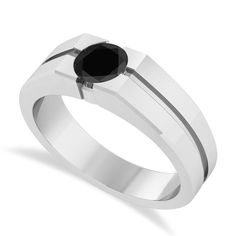 A round black diamond reveals its bold brilliance in the Men's Black Diamond Solitaire Fashion Ring, featuring a clean and classic setting handcrafted in 14k white gold and accented with chiseled channels. This is an ideal gift for husband or fiance. #fashionring #fashionrings  #statementrings #ringlover #ringsoftheday #ringspiration #instarings #ringaddict #ringsofig Mens Wedding Rings Black, Black Diamond Solitaire, Engagement Ring Shapes, Black Diamond Ring, Ring Shapes, Fashion Ring