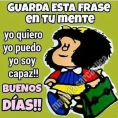 a cartoon character holding a green bag with spanish words on it and an image of a woman