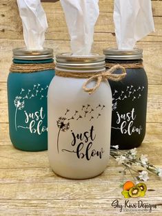 three painted mason jars with tissue dispensers in them on a wooden table