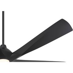 a black ceiling fan with a light on the top and one arm extended from the ceiling