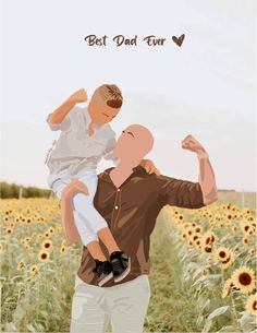 a father holding his son in the air while standing in a field of sunflowers