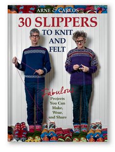 two people standing next to each other with knitting needles in their hands and the words 30 slippers to knit and felt