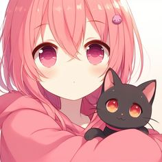 a girl with pink hair holding a black cat