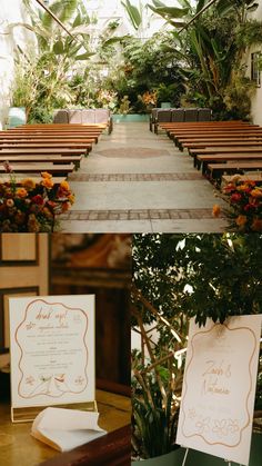 an outdoor ceremony setup with wooden benches and flowers on the aisle, along with seating for guests