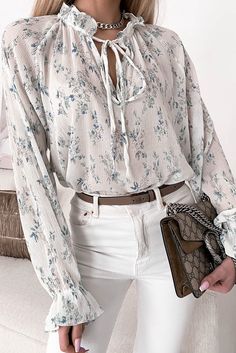 White Floral Lace Up Long Sleeve Crinkle Blouse Tie Decor, White Floral Blouse, Crinkle Fabric, Long Crop Top, Denim Coat Jacket, Plus Size Lingerie, Plus Size Swimwear, Tee Dress, Tie Neck