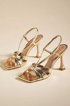 Vicenza Square-Toe Heels | Anthropologie Gold Heels Wedding, Gold Heels Prom, Wedding Guest Heels, Gold Bridal Shoes, Gold Kitten Heels, Gold Stiletto Heels, Metallic Wedding, Heels Prom, Gold High Heels