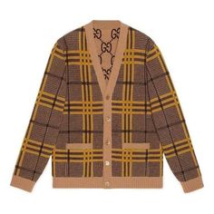 Gucci Reversible Wool Knit Cardigan 'Brown Yellow' 696576-XKCFX-2378 Gucci Designer Jacquard Knit Cardigan, Designer Gucci Jacquard Knit Cardigan, Gucci Beige Long Sleeve Sweater, Gucci Designer V-neck Cardigan, Beige Gucci Long Sleeve Sweater, Gucci Jacquard Knit Cardigan For Fall, Classic Gucci V-neck Cardigan, Gucci V-neck Winter Outerwear, Casual Gucci Sweater For Work