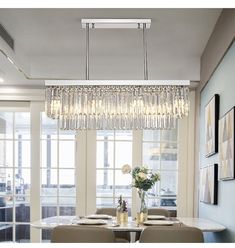 crystal pendant lighting Villa Dining Room, Crystal Chandelier Dining Room, Nordic Dining Room, Island Restaurant, Dining Table Kitchen Island, Interior Farmhouse, Nordic Dining, Table Kitchen Island, Hanging Lighting