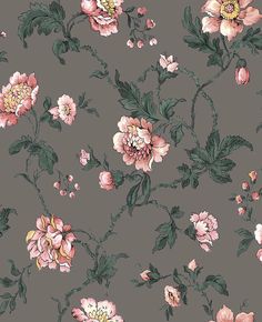 a floral wallpaper with pink flowers and green leaves on a gray background in pastel shades