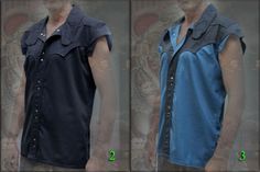 three different views of a man's shirt with buttons on the front and back