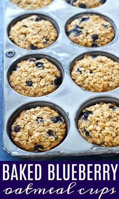 baked blueberry oatmeal cups in a muffin tin with text overlay