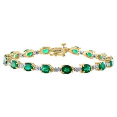 This exceptionally affordable Tennis bracelet has 16 stones of oval Emeralds . Each Emerald is spaced by two diamonds . Total weight of the Emeralds is approximately 8 carat. Total number of diamonds are 30 and diamond weighs is 0.60 ct. The bracelet is expertly crafted with 13 grams of 14 karat Yellow gold . Have a safety clasp . Standard 7 Inch long. Emerald Origin Brazil Amazing quality and color of emerald with lots of luster and Shine Natural Emeralds Measurements of each emerald is 4X6 MM. Bracelet Tennis, Modern Bracelets, Diamond Tennis Bracelet, Emerald Stone, Tennis Bracelet Diamond, Natural Emerald, Emerald Diamond, Tennis Bracelet, Modern Jewelry