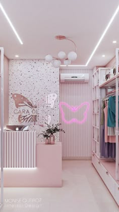 a pink closet with clothes hanging on the walls and lights in the ceiling above it