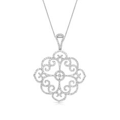 This detailed filigree pendant, resembles feminine strength. Elegant and classic, this filigree pendant is set in 14K white gold, and features a round cut white diamond, that is placed in the center of the diamond lined, swirly, filigree design. The pendant hangs from a white gold chain and is attached by an embellished bail at the top of the pendant. This pendant is sure to be adored by all who see it and makes for a beautiful gift.
We are happy to answer any of your questions! Contact us! Diamond Eternity Wedding Band, Filigree Pattern, Pendant Diamond, Diamond Jewelry Necklace, Pave Pendant, Filigree Pendant, White Gold Chains, Necklace Design, Feather Pendant