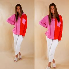 A long sleeve button up shirt with a collar and a split dye design. The left half is red with a pink pocket and the right side is pink. Item is pictured on a pale pink background. Trendy Multicolor Tops With Pockets, Color Block Button-up Tops For Fall, Trendy Collared Tops With Contrast Color, Casual Button-up Tops With Contrast Color, Casual Contrast Color Button-up Tops, Color Block Button-up Tops For Work, Workwear Color Block Button-up Top, Chic Color Block Blouse For Work, Multicolor Button-up Color Block Top