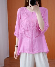 Women pink shirts v neck embroidery oversized summer shirts

 Materials used: cotton linen

Measurement:Size 3XL/BUST-116cm   
bust 116cm / 45.24"
length front 63cm / 24.57"
length back 68cm / 26.52"
Sleeve length 33cm / 12.87"
Shoulder 42cm / 16.38"


Size 4XL/BUST-120cm   
bust 120cm / 46.8"
length front 64cm / 24.96"
length back 69cm / 26.91"
Sleeve length 33.5cm / 13.065"
Shoulder 43cm / 16.77"



We ship worldwide.

Tracking numbers provided for all orders. Summer Cotton V-neck Shirt, Cotton V-neck Summer Shirt, Cotton V-neck Shirt For Summer, Oversized V-neck Shirt For Summer, Oversized Half Sleeve Spring Shirt, Bohemian Linen Shirt For Summer, Oversized Half Sleeve Summer Shirt, Spring Tops With Floral Embroidery And Half Sleeves, Casual Linen Tops With Floral Embroidery