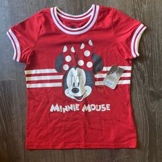 Size Large In Children’s New With Tags Comes From A Smoke Free Home Playful Red Character Print T-shirt, Playful Red Cartoon Print T-shirt, Playful Red T-shirt With Character Print, Playful Red T-shirt With Cartoon Print, Fun Red Shirt With Cartoon Print, Cute Mickey Mouse Short Sleeve Tops, Fun Red Top With Cartoon Print, Minnie Mouse Crew Neck Top For Disney Events, Playful Minnie Mouse Crew Neck Top