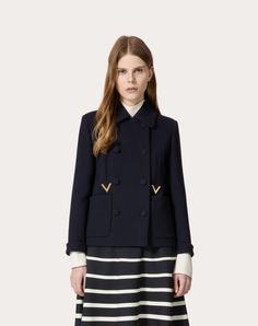 Valentino Peacoat in Texture Double Crepe - V Gold detail on front pockets - Front button closure - Texture Double Crepe (80% Virgin Wool, 20% Polyamide) - Saglia lining (100% Cupro) - Length: 57 cm / 22.4 in. from the shoulders in Italian size 40 - Sleeve length: 75 cm / 29.5 in. from the centre back in Italian size 40 - The model is 176 cm / 5'9" tall and wears an Italian size 40 - Made in Italy The look of the model is completed by a Valentino Garavani Ohval Bag and Valentino Garavani Sh Peacoat Women, Studded Sneakers, Oxford Boots, Wedge Loafers, Valentino Rockstud, Denim Trousers, Boots For Sale, Valentino Garavani, Denim Pants