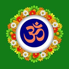 an om shan symbol surrounded by flowers and daisies on a green background with the word om shan