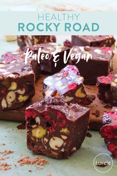 healthy rocky road paleo and vegan brownies on a cutting board with text overlay