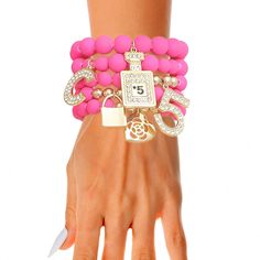 Matte Fuchsia No. 5 Boutique Charm Bracelets Pink Letter Beads Jewelry For Party, Rhinestone Statement Necklace, Bangle Bracelets With Charms, Pink Plastic, Number 5, Fashion Jewelry Earrings, Charm Bangle, Beaded Stretch Bracelet, No 5