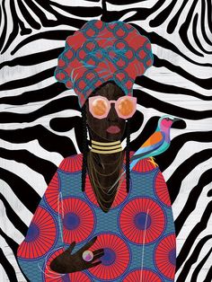 a painting of a woman with pink glasses and a bird on her shoulder, standing in front of a zebra print