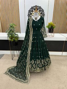 #ad Top Seller for NEW DESIGNER FAUX GEORGETTE GOWN WITH ATTRACTIVE DUPATTA FOR RECEPTION WEAR, Fashion Party Clothing Traditional Draped Georgette Gown With Cutdana, Traditional Drape Gown With Cutdana On Georgette, Green Georgette Gown With Cutdana Detail, Green Georgette Gown With Cutdana, Green Cutdana Georgette Gown, Chiffon Dupatta With Dabka Work For Reception, Reception Georgette Anarkali Set With Dori Work, Reception Anarkali Set With Dori Work In Georgette, Anarkali Lehenga With Sheer Dupatta In Georgette