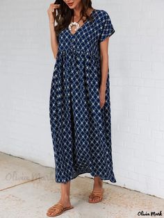 Olivia Mark - Geometric Print Short Sleeve Maxi Dress in Elegant Purplish Blue - Perfect for Holiday Occasions Blue Geometric Pattern, Midi Dress Chic, Plus Jumpsuit, Short Sleeve Maxi Dress, Holiday Events, Short Sleeve Maxi Dresses, Loose Outfit, Sleeve Maxi Dress, Long Shirt Dress