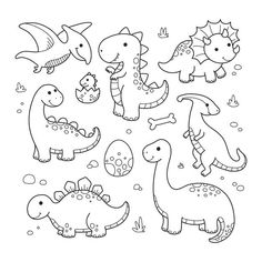 dinosaurs and their babies in black and white