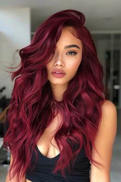 Brunette Hair With Color Underneath, Black To Burgundy Hair, Red Hair With Dimension, Hair Color Combos, Burgundy Hair Ideas, Two Tone Hair Color, Girl Hair Styles, Burgundy Balayage, Hair Styles Long Hair