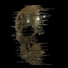 an image of a man's face made out of gold and white dots on a black background