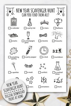 new year's scavenger hunt printable activity sheet for kids to do