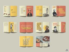 an assortment of brochures are displayed on a gray background, with images of men and women